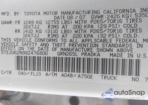 2008 Toyota Tacoma Prerunner V6 z USA, uszkodzony, nr VIN 5TEJU62N98Z476800